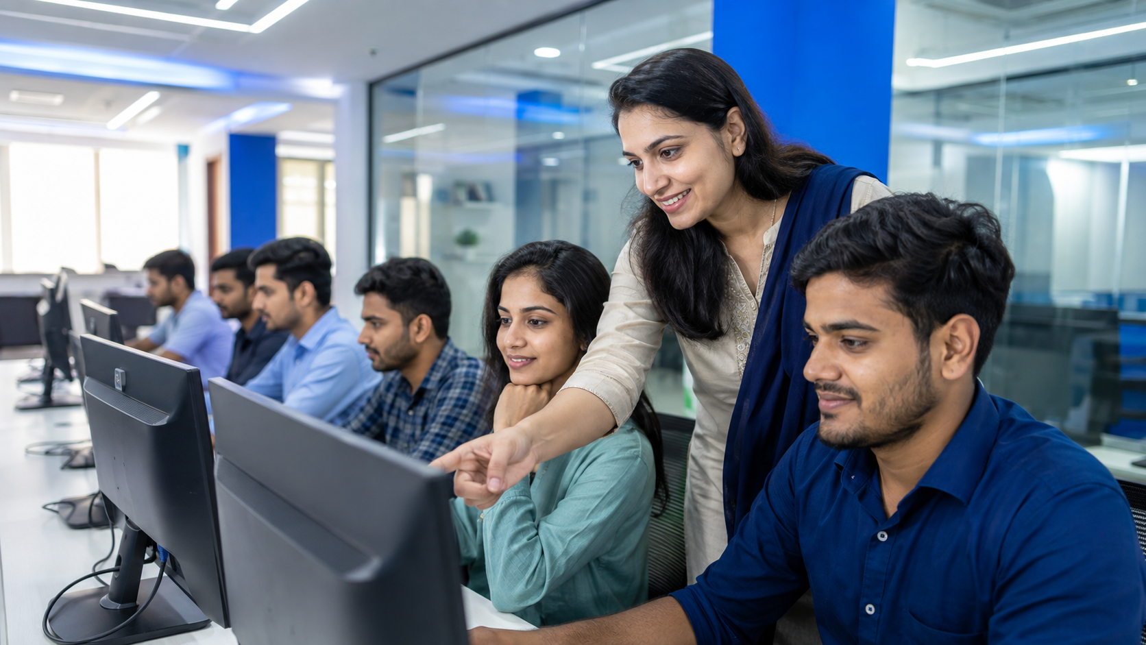 Students learning in a modern computer lab